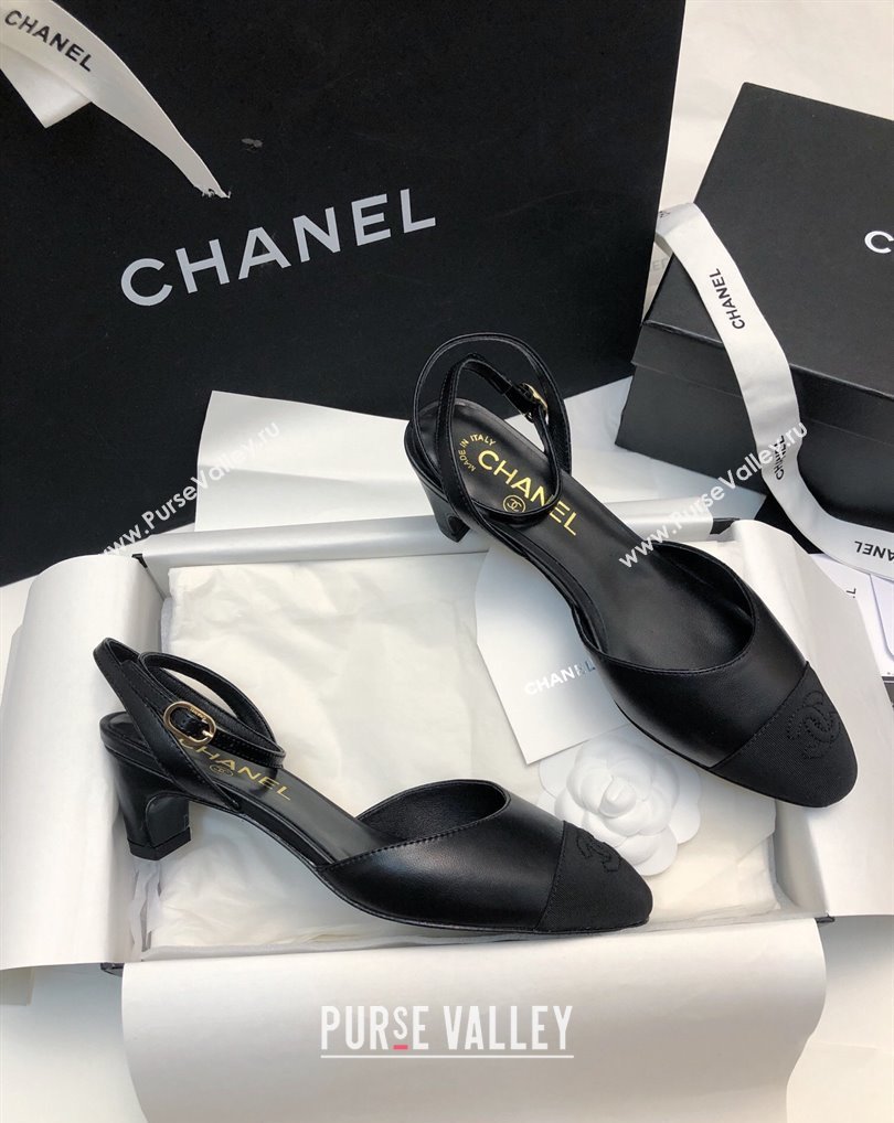 Chanel Heel 4cm Lambskin Grosgrain Slingbacks G45370 Black 2024 (modeng-24010415)