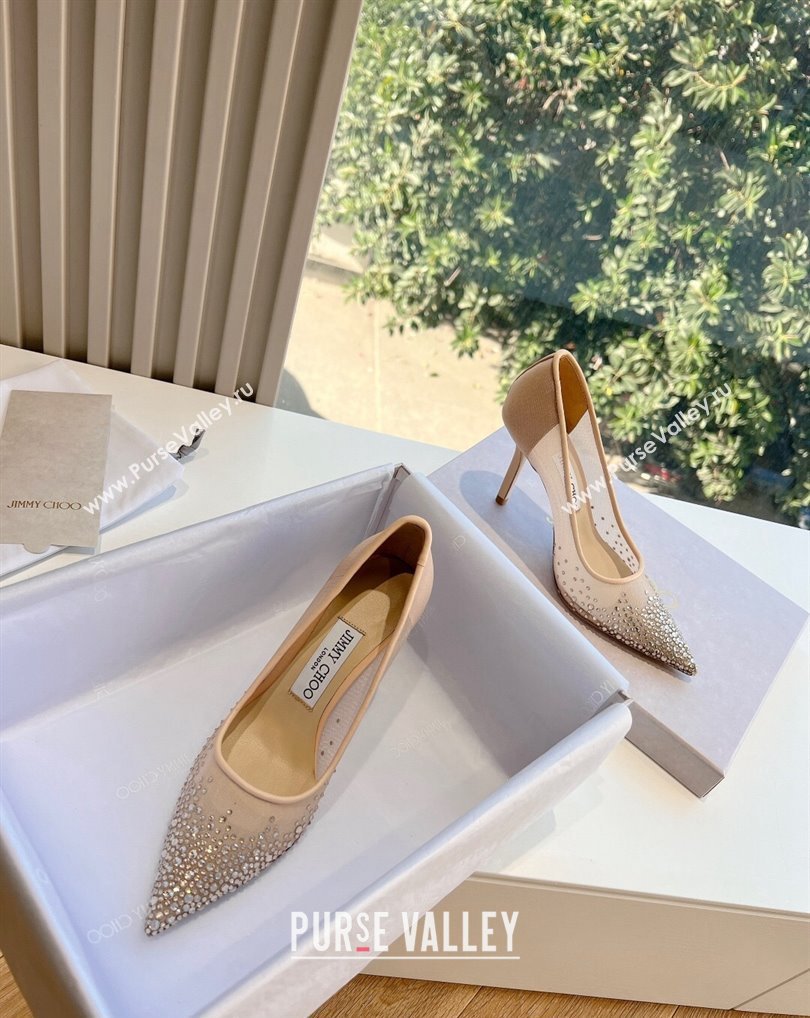 Jimmy Choo High Heel Love 85 Mesh Pointed-Toe Pumps Nude with Degrade Crystals 202 (kaola-24010604)