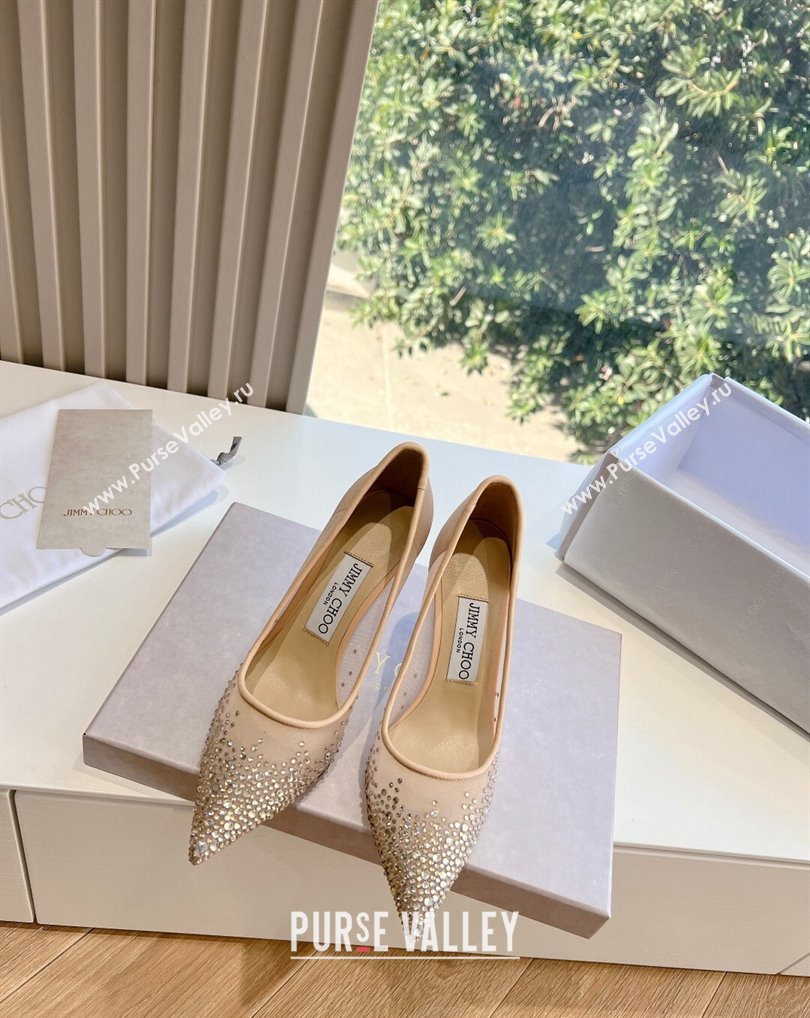 Jimmy Choo High Heel Love 85 Mesh Pointed-Toe Pumps Nude with Degrade Crystals 202 (kaola-24010604)