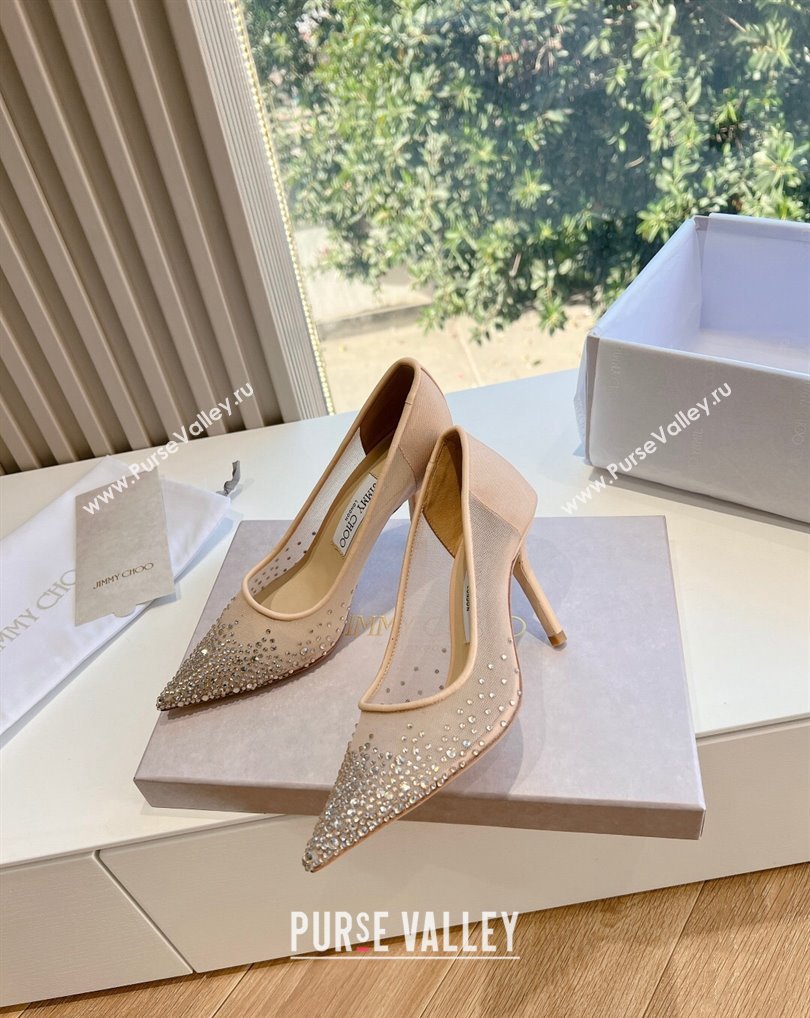 Jimmy Choo High Heel Love 85 Mesh Pointed-Toe Pumps Nude with Degrade Crystals 202 (kaola-24010604)