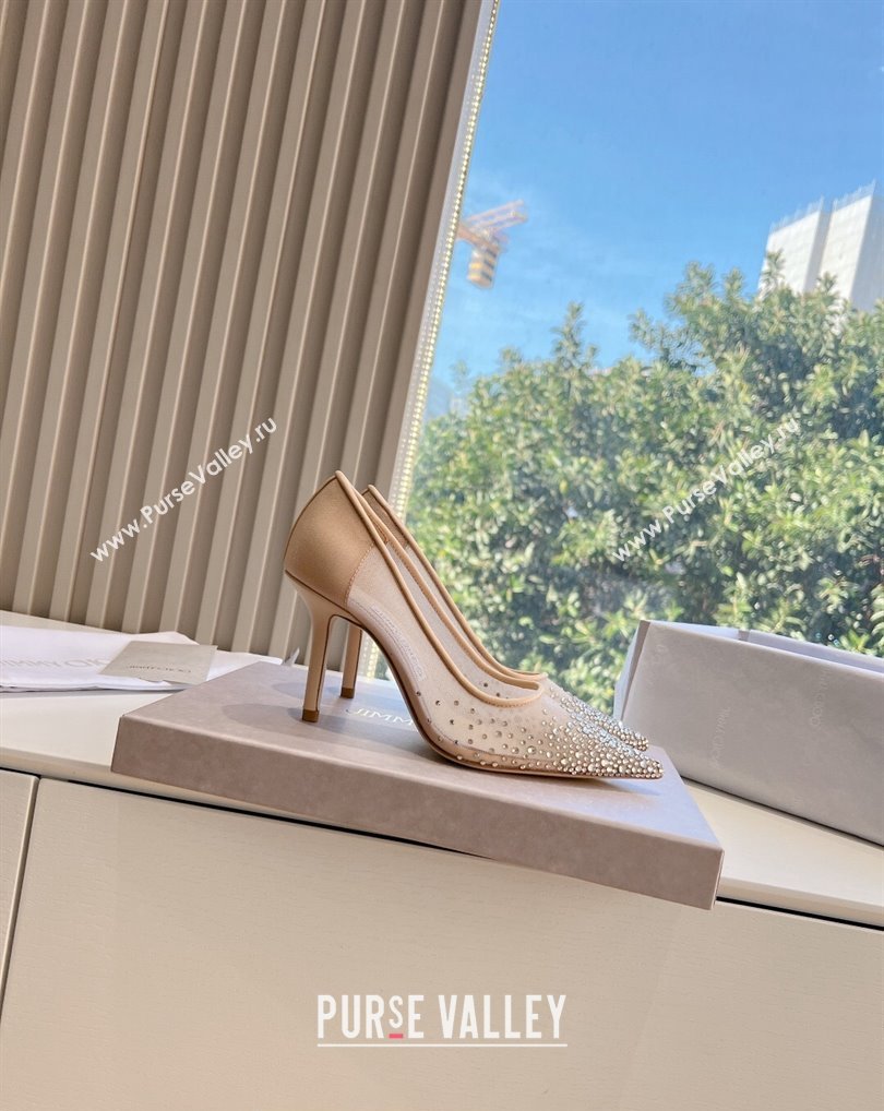 Jimmy Choo High Heel Love 85 Mesh Pointed-Toe Pumps Nude with Degrade Crystals 202 (kaola-24010604)