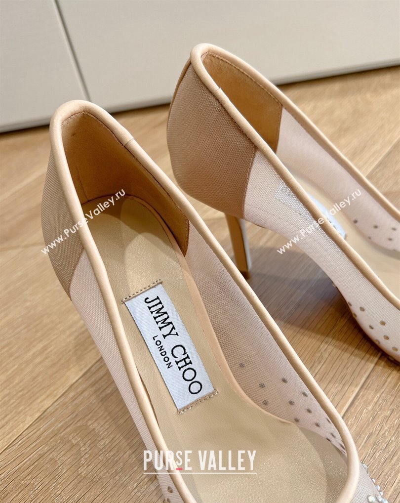 Jimmy Choo High Heel Love 85 Mesh Pointed-Toe Pumps Nude with Degrade Crystals 202 (kaola-24010604)