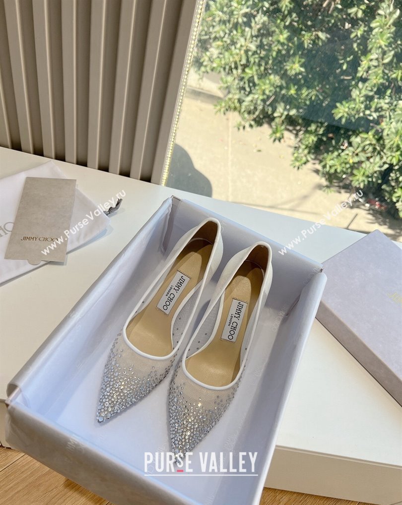 Jimmy Choo High Heel Love 85 Mesh Pointed-Toe Pumps White with Degrade Crystals 2024 (kaola-24010603)