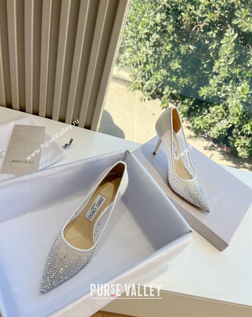 Jimmy Choo High Heel Love 85 Mesh Pointed-Toe Pumps White with Degrade Crystals 2024 (kaola-24010603)