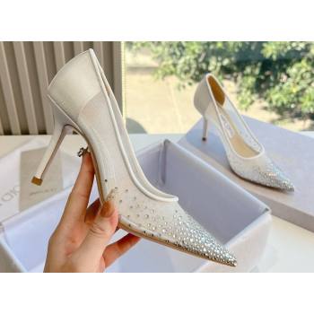Jimmy Choo High Heel Love 85 Mesh Pointed-Toe Pumps White with Degrade Crystals 2024 (kaola-24010603)