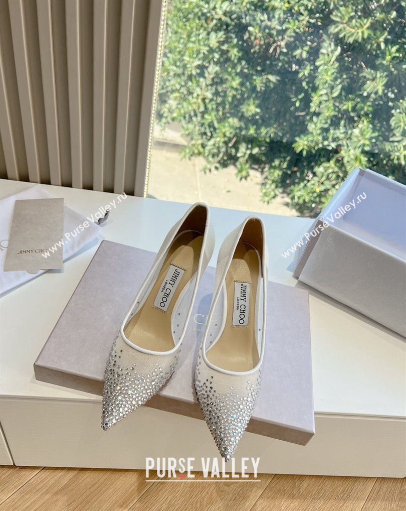Jimmy Choo High Heel Love 85 Mesh Pointed-Toe Pumps White with Degrade Crystals 2024 (kaola-24010603)