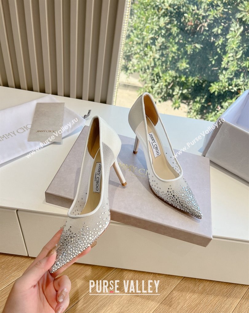 Jimmy Choo High Heel Love 85 Mesh Pointed-Toe Pumps White with Degrade Crystals 2024 (kaola-24010603)