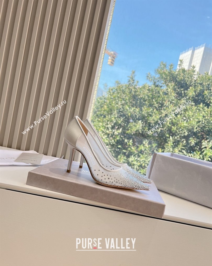 Jimmy Choo High Heel Love 85 Mesh Pointed-Toe Pumps White with Degrade Crystals 2024 (kaola-24010603)