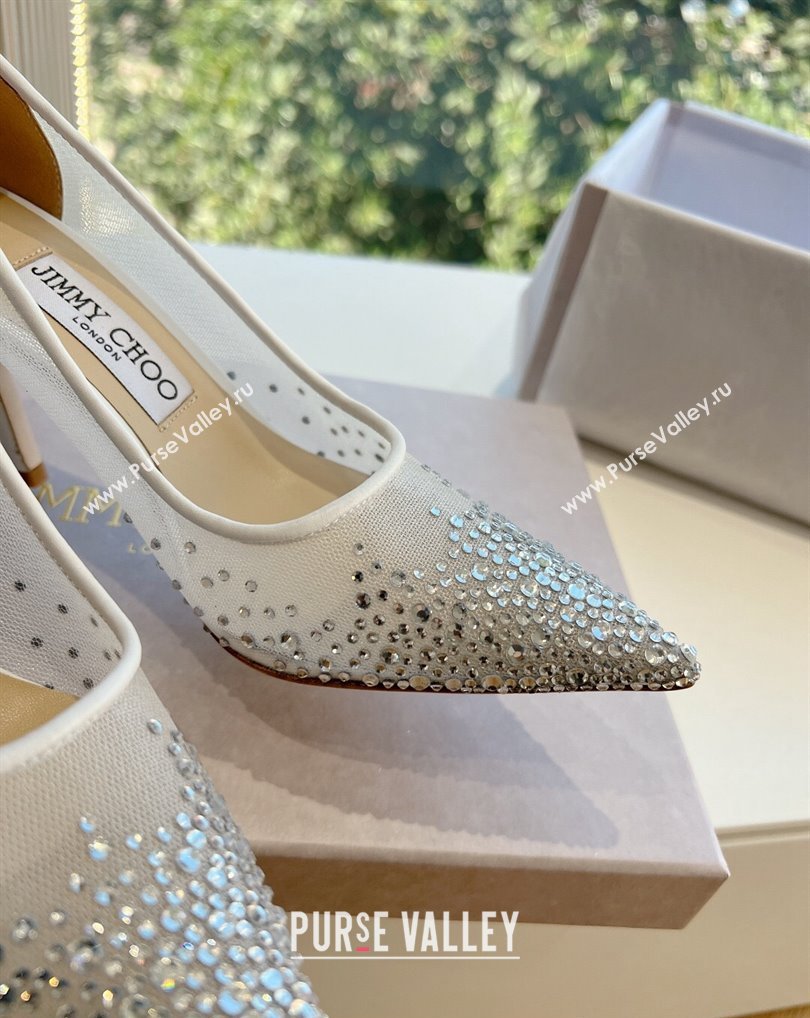 Jimmy Choo High Heel Love 85 Mesh Pointed-Toe Pumps White with Degrade Crystals 2024 (kaola-24010603)