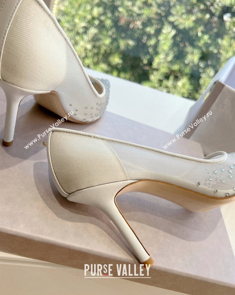 Jimmy Choo High Heel Love 85 Mesh Pointed-Toe Pumps White with Degrade Crystals 2024 (kaola-24010603)