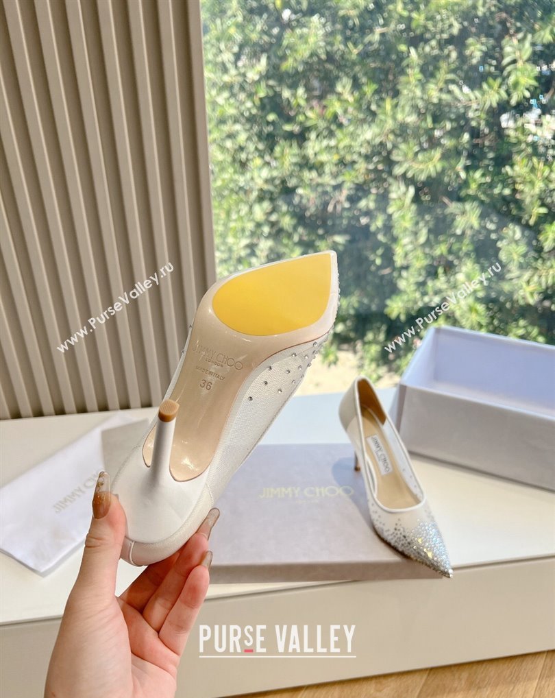 Jimmy Choo High Heel Love 85 Mesh Pointed-Toe Pumps White with Degrade Crystals 2024 (kaola-24010603)