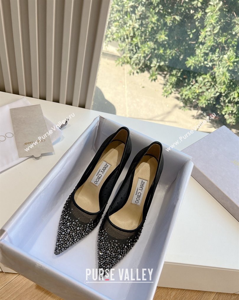 Jimmy Choo High Heel Love 85 Mesh Pointed-Toe Pumps Black/Silver with Degrade Crystals 2024 (kaola-24010602)