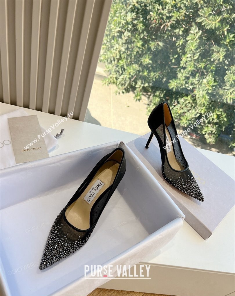 Jimmy Choo High Heel Love 85 Mesh Pointed-Toe Pumps Black/Silver with Degrade Crystals 2024 (kaola-24010602)