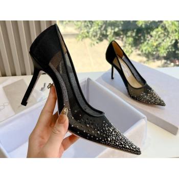 Jimmy Choo High Heel Love 85 Mesh Pointed-Toe Pumps Black/Silver with Degrade Crystals 2024 (kaola-24010602)