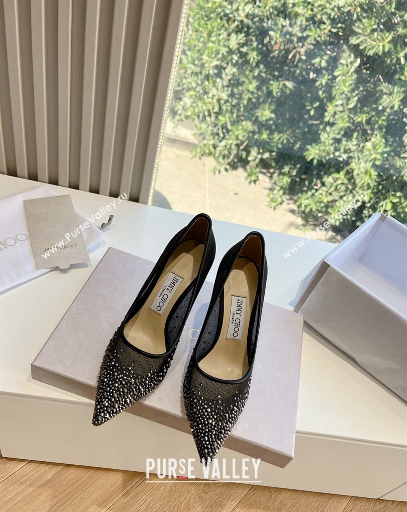 Jimmy Choo High Heel Love 85 Mesh Pointed-Toe Pumps Black/Silver with Degrade Crystals 2024 (kaola-24010602)