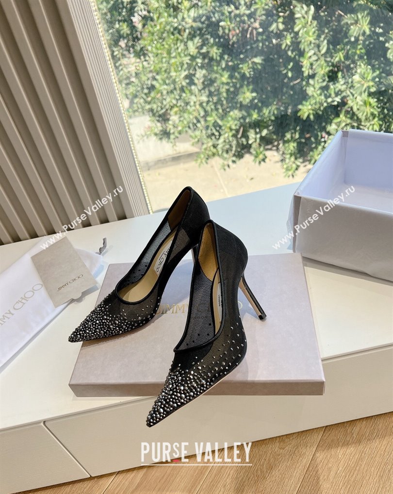 Jimmy Choo High Heel Love 85 Mesh Pointed-Toe Pumps Black/Silver with Degrade Crystals 2024 (kaola-24010602)