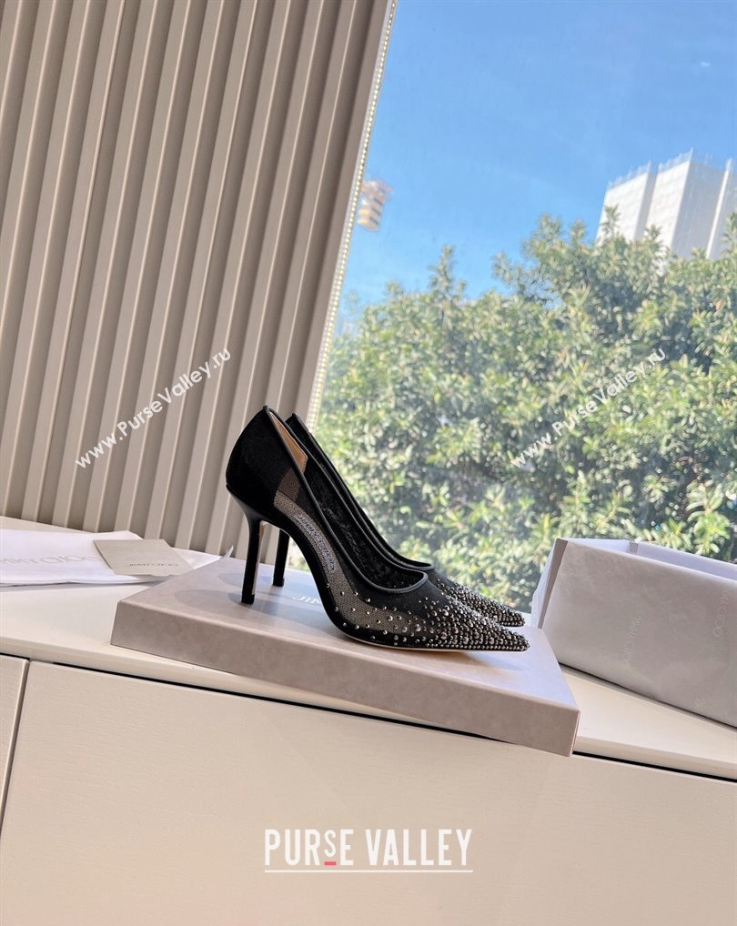 Jimmy Choo High Heel Love 85 Mesh Pointed-Toe Pumps Black/Silver with Degrade Crystals 2024 (kaola-24010602)