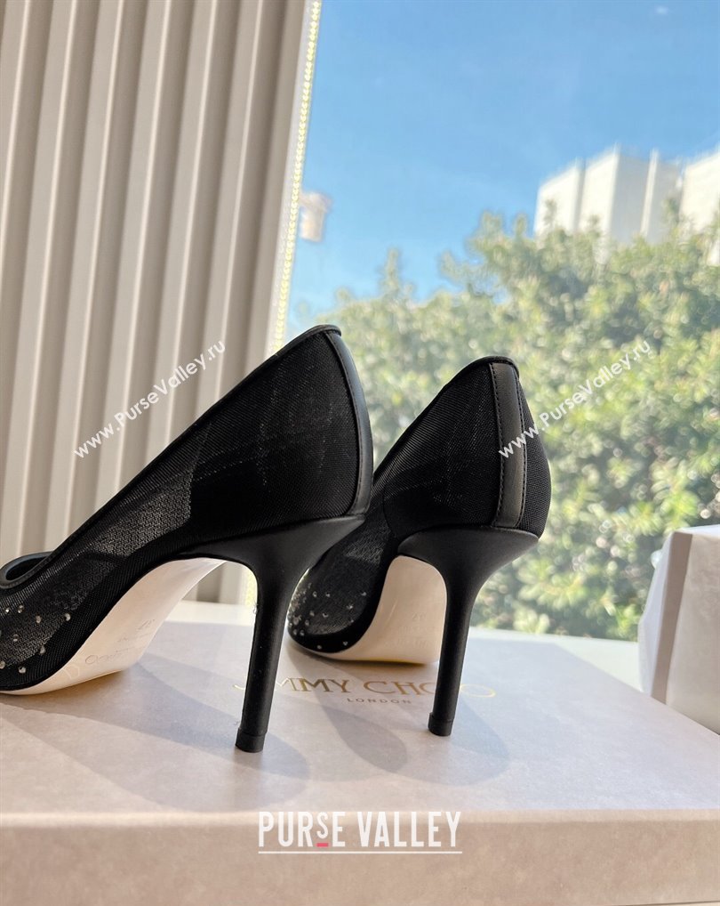 Jimmy Choo High Heel Love 85 Mesh Pointed-Toe Pumps Black/Silver with Degrade Crystals 2024 (kaola-24010602)