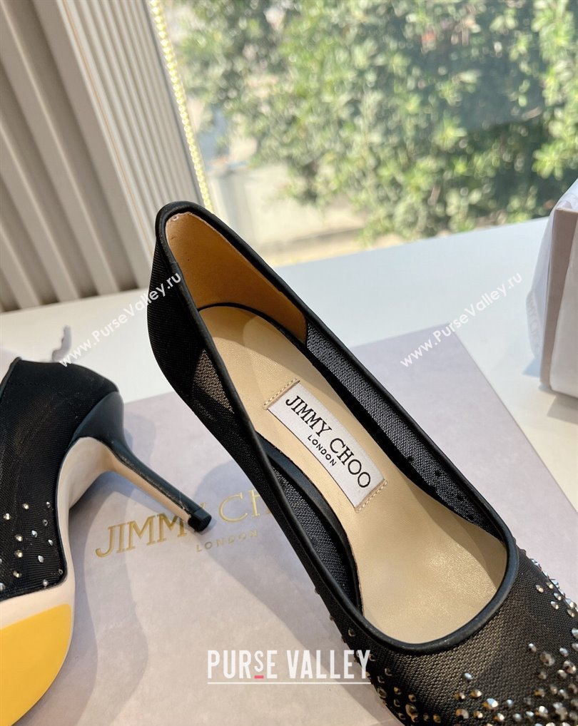 Jimmy Choo High Heel Love 85 Mesh Pointed-Toe Pumps Black/Silver with Degrade Crystals 2024 (kaola-24010602)