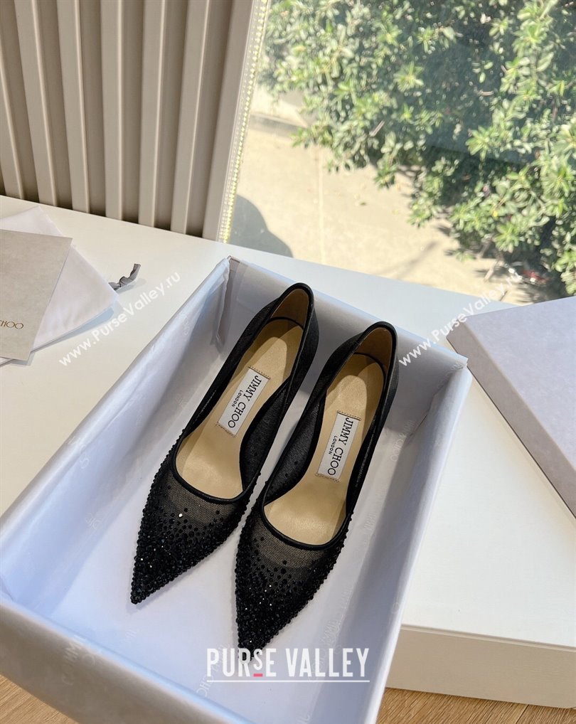 Jimmy Choo High Heel Love 85 Mesh Pointed-Toe Pumps Black with Degrade Crystals 2024 (kaola-24010601)
