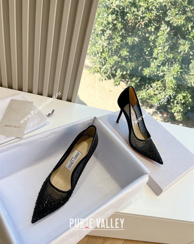 Jimmy Choo High Heel Love 85 Mesh Pointed-Toe Pumps Black with Degrade Crystals 2024 (kaola-24010601)