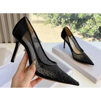Jimmy Choo High Heel Love 85 Mesh Pointed-Toe Pumps Black with Degrade Crystals 2024 (kaola-24010601)