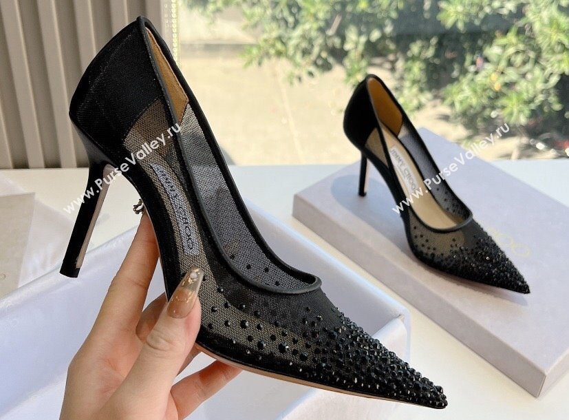 Jimmy Choo High Heel Love 85 Mesh Pointed-Toe Pumps Black with Degrade Crystals 2024 (kaola-24010601)