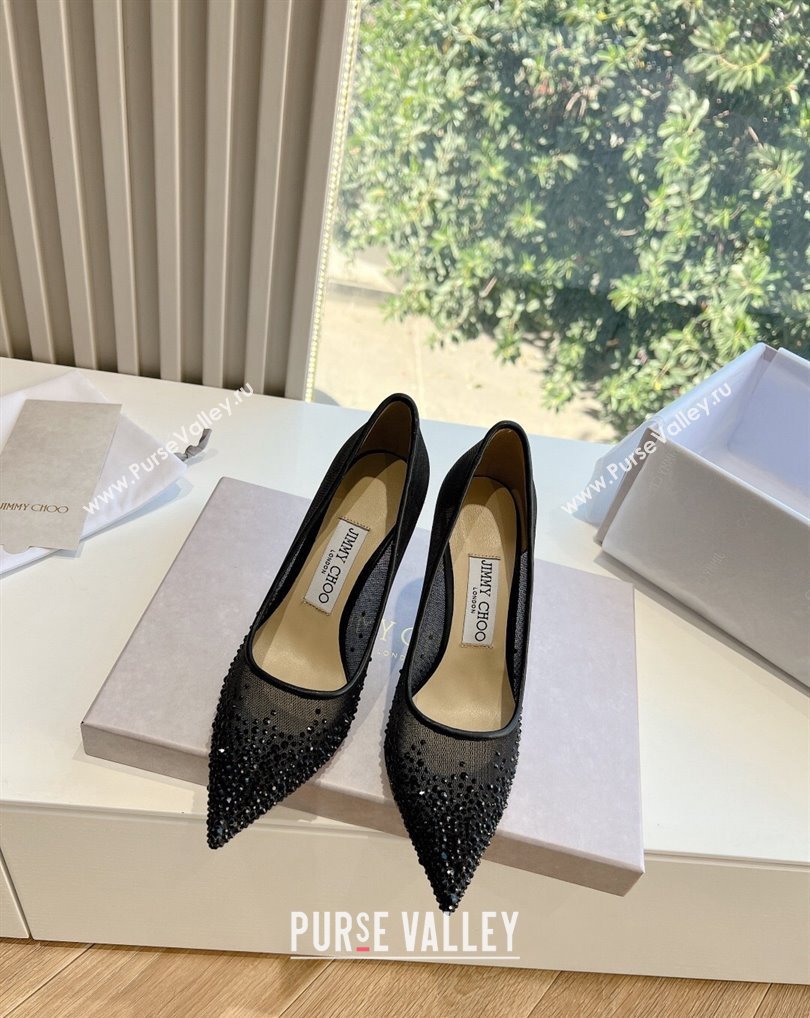 Jimmy Choo High Heel Love 85 Mesh Pointed-Toe Pumps Black with Degrade Crystals 2024 (kaola-24010601)