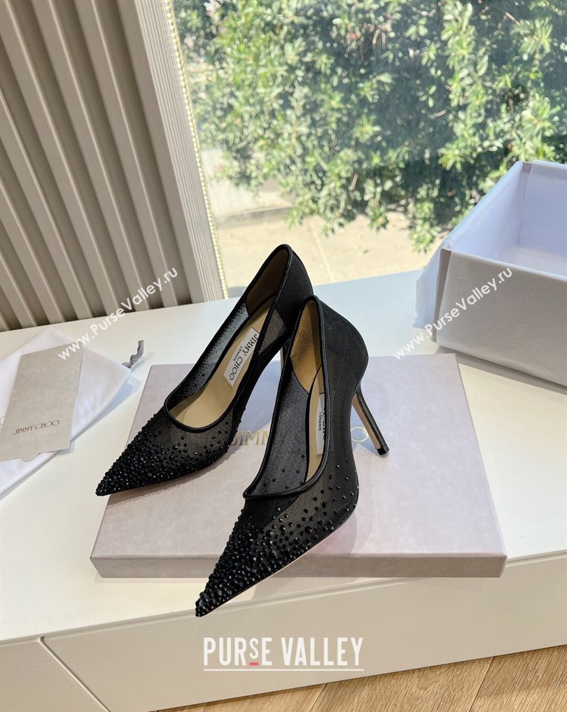 Jimmy Choo High Heel Love 85 Mesh Pointed-Toe Pumps Black with Degrade Crystals 2024 (kaola-24010601)