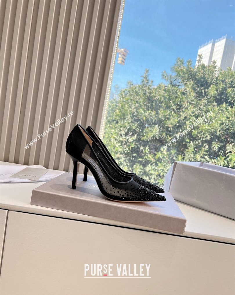 Jimmy Choo High Heel Love 85 Mesh Pointed-Toe Pumps Black with Degrade Crystals 2024 (kaola-24010601)