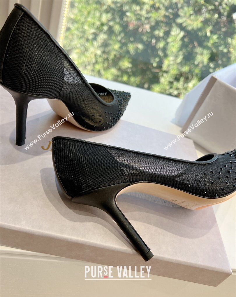 Jimmy Choo High Heel Love 85 Mesh Pointed-Toe Pumps Black with Degrade Crystals 2024 (kaola-24010601)