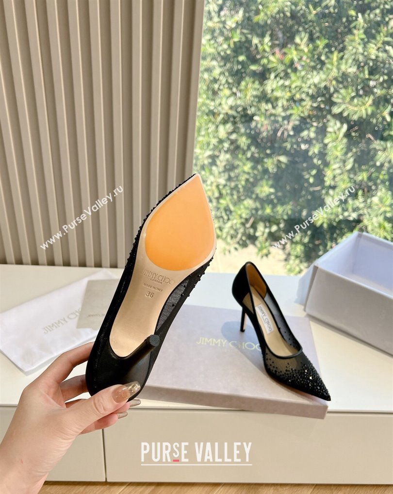 Jimmy Choo High Heel Love 85 Mesh Pointed-Toe Pumps Black with Degrade Crystals 2024 (kaola-24010601)