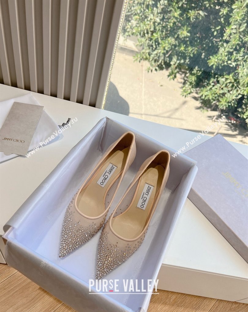 Jimmy Choo Mid Heel Love Mesh Pointed-Toe Pumps Nude with Degrade Crystals 2024 (kaola-24010608)