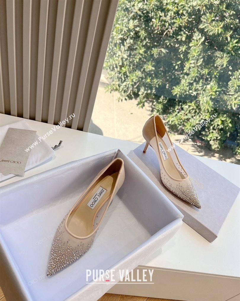 Jimmy Choo Mid Heel Love Mesh Pointed-Toe Pumps Nude with Degrade Crystals 2024 (kaola-24010608)