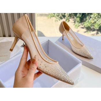 Jimmy Choo Mid Heel Love Mesh Pointed-Toe Pumps Nude with Degrade Crystals 2024 (kaola-24010608)