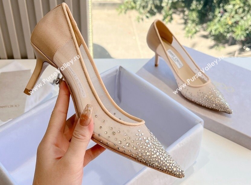 Jimmy Choo Mid Heel Love Mesh Pointed-Toe Pumps Nude with Degrade Crystals 2024 (kaola-24010608)