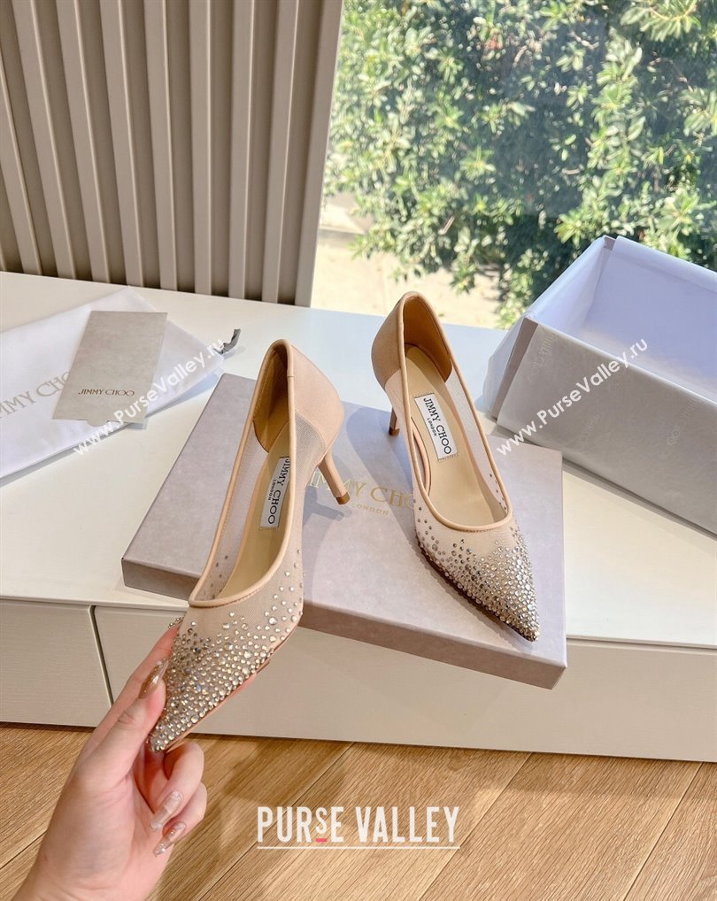 Jimmy Choo Mid Heel Love Mesh Pointed-Toe Pumps Nude with Degrade Crystals 2024 (kaola-24010608)