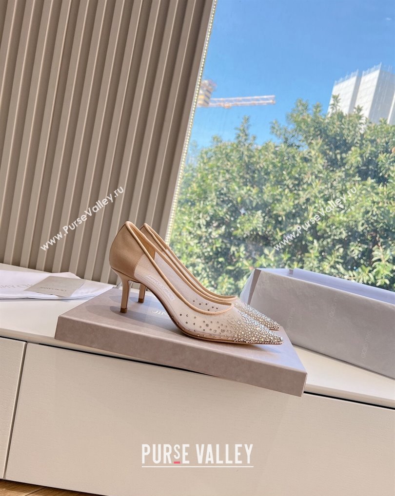 Jimmy Choo Mid Heel Love Mesh Pointed-Toe Pumps Nude with Degrade Crystals 2024 (kaola-24010608)