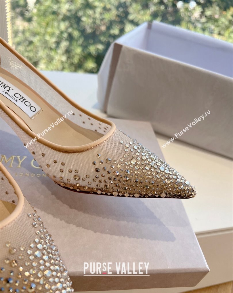 Jimmy Choo Mid Heel Love Mesh Pointed-Toe Pumps Nude with Degrade Crystals 2024 (kaola-24010608)