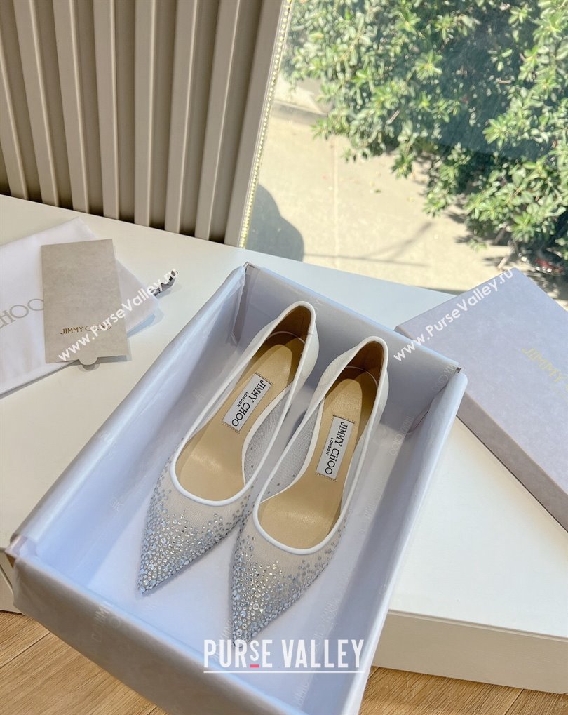 Jimmy Choo Mid Heel Love Mesh Pointed-Toe Pumps White with Degrade Crystals 2024 (kaola-24010607)