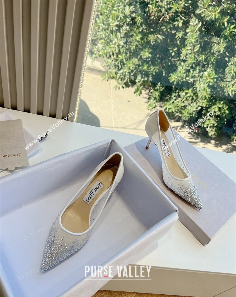 Jimmy Choo Mid Heel Love Mesh Pointed-Toe Pumps White with Degrade Crystals 2024 (kaola-24010607)