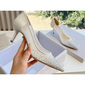 Jimmy Choo Mid Heel Love Mesh Pointed-Toe Pumps White with Degrade Crystals 2024 (kaola-24010607)
