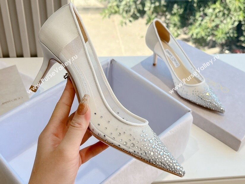 Jimmy Choo Mid Heel Love Mesh Pointed-Toe Pumps White with Degrade Crystals 2024 (kaola-24010607)