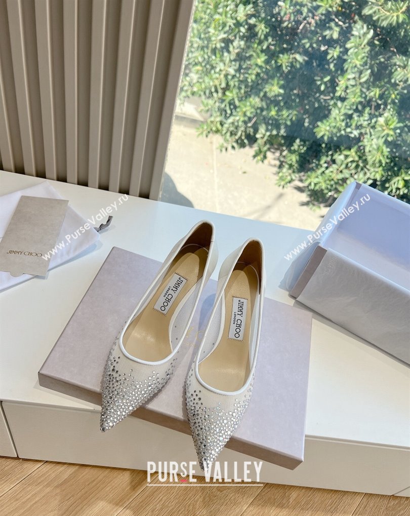 Jimmy Choo Mid Heel Love Mesh Pointed-Toe Pumps White with Degrade Crystals 2024 (kaola-24010607)