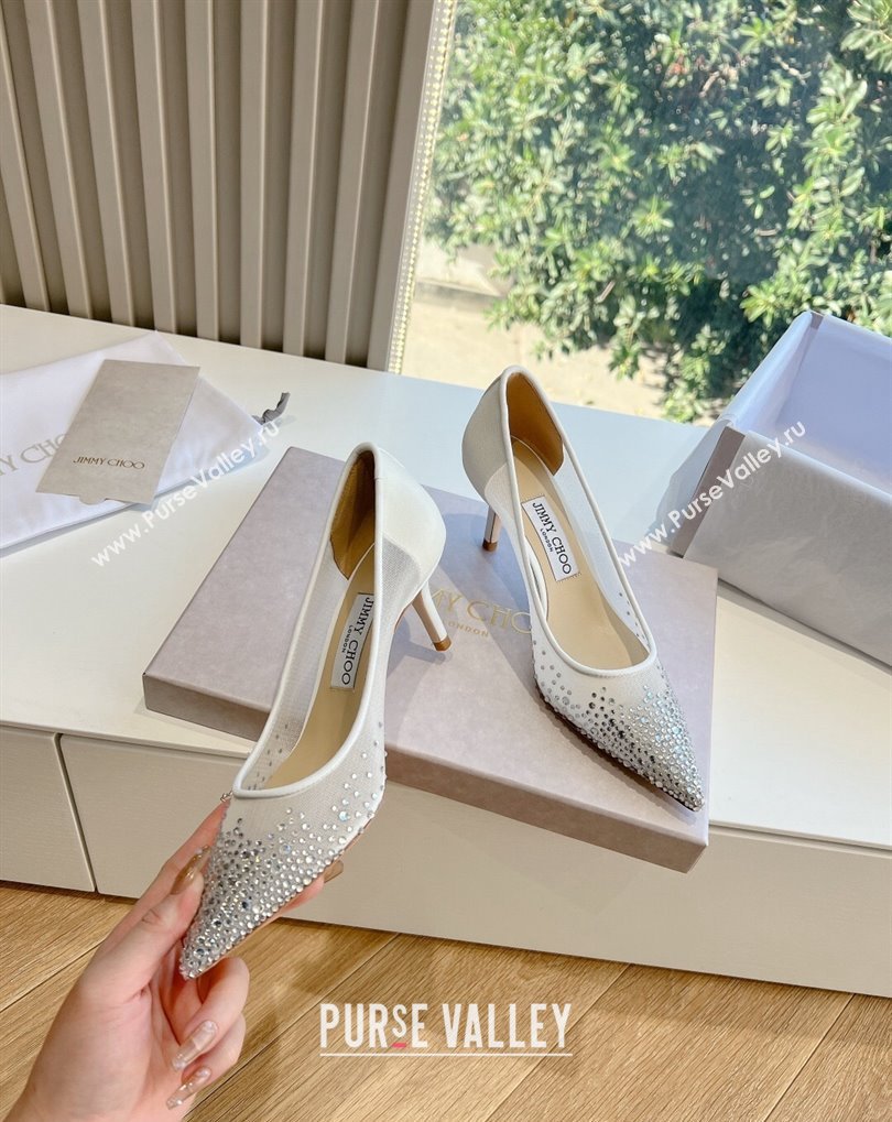Jimmy Choo Mid Heel Love Mesh Pointed-Toe Pumps White with Degrade Crystals 2024 (kaola-24010607)