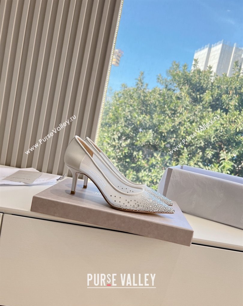 Jimmy Choo Mid Heel Love Mesh Pointed-Toe Pumps White with Degrade Crystals 2024 (kaola-24010607)
