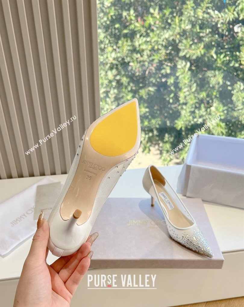 Jimmy Choo Mid Heel Love Mesh Pointed-Toe Pumps White with Degrade Crystals 2024 (kaola-24010607)