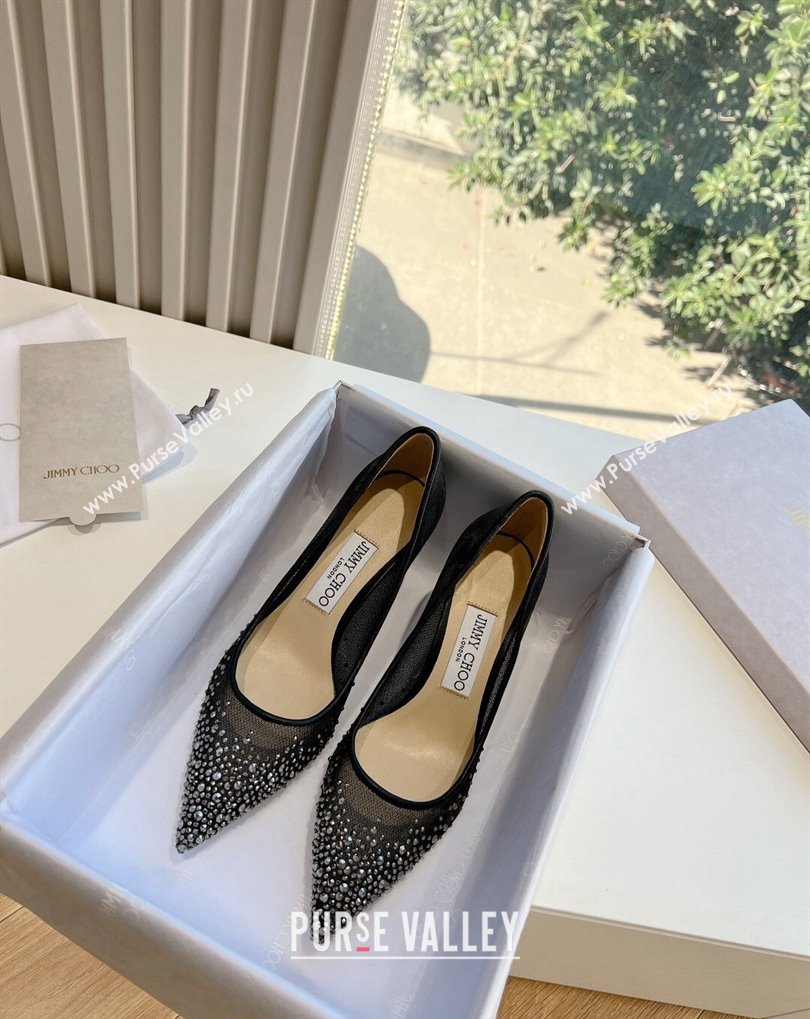 Jimmy Choo Mid Heel Love Mesh Pointed-Toe Pumps Black/Silver with Degrade Crystals 2024 (kaola-24010606)