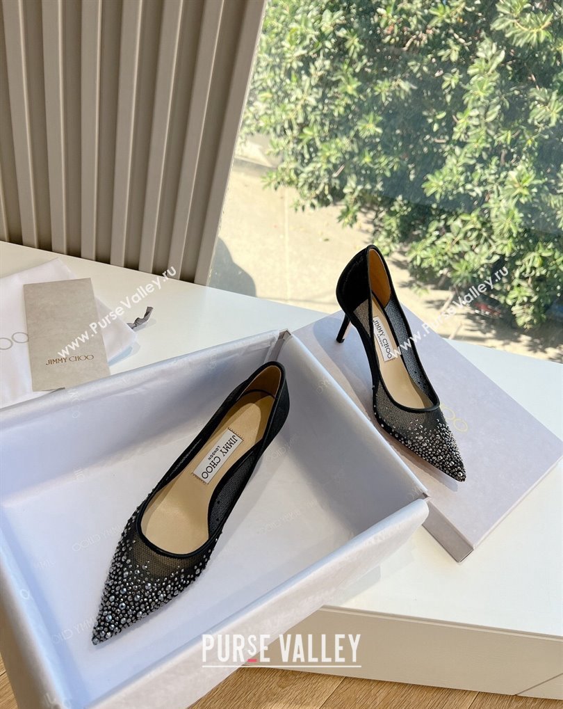 Jimmy Choo Mid Heel Love Mesh Pointed-Toe Pumps Black/Silver with Degrade Crystals 2024 (kaola-24010606)