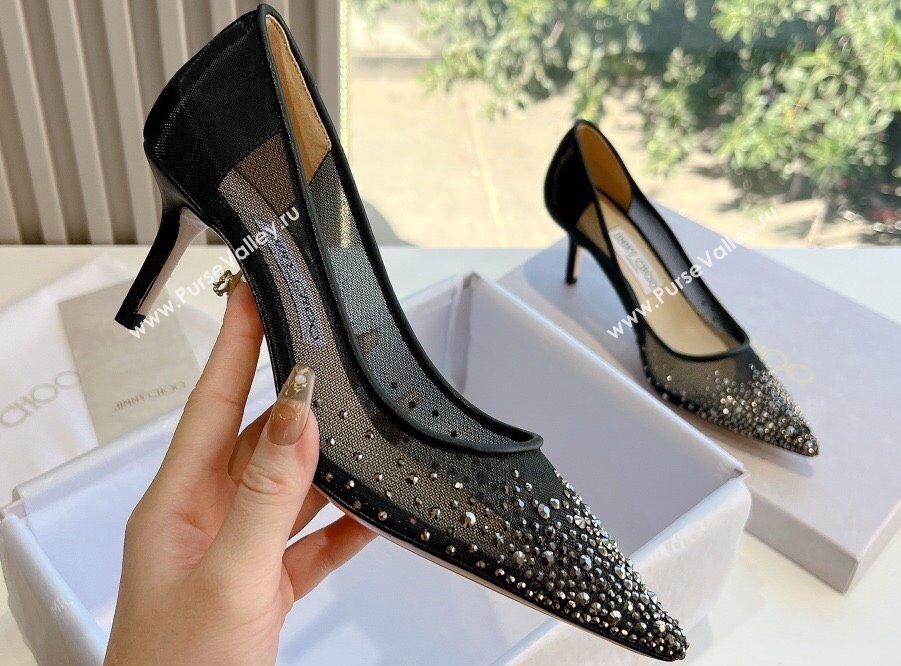 Jimmy Choo Mid Heel Love Mesh Pointed-Toe Pumps Black/Silver with Degrade Crystals 2024 (kaola-24010606)